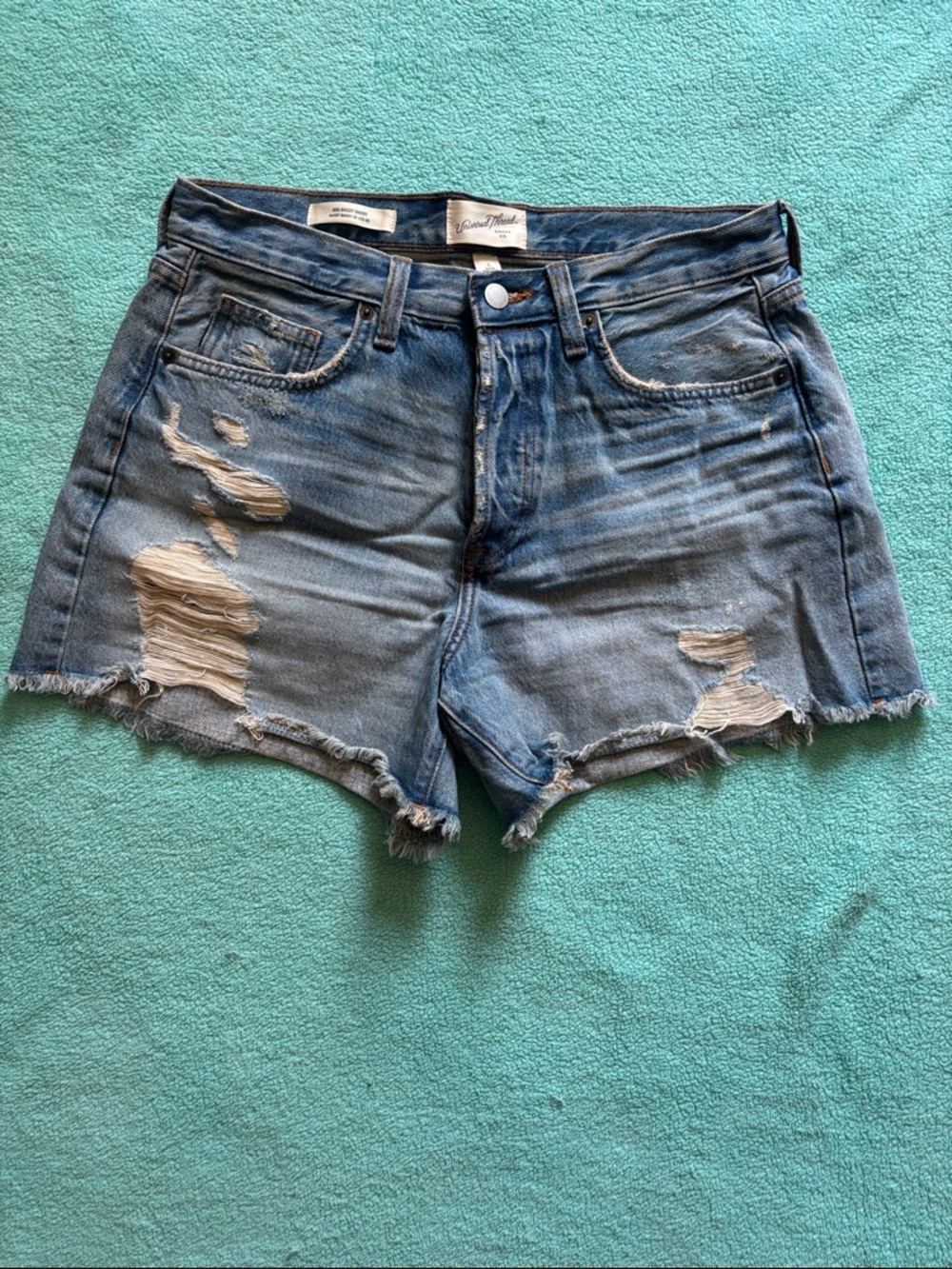 Distressed Blue Denim Women's Shorts - Classic Cut Button Fly